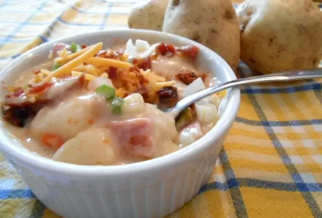 Loaded baked potato in a bowl