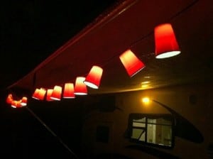 Red Solo Cup Lights hanging on our camper