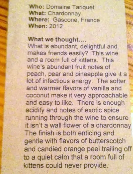 Wine card - description of each wine