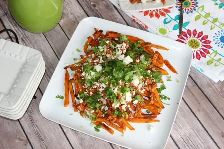 Loaded Sweet Potato Fries with Shredded BBQ Chicken