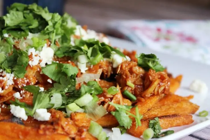 Loaded Sweet Potato Fries with Shredded BBQ Chicken