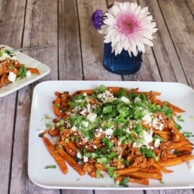 Loaded Sweet Potato Fries with Shredded BBQ Chicken