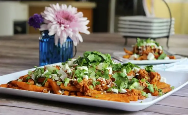 Loaded Sweet Potato Fries with Shredded BBQ Chicken