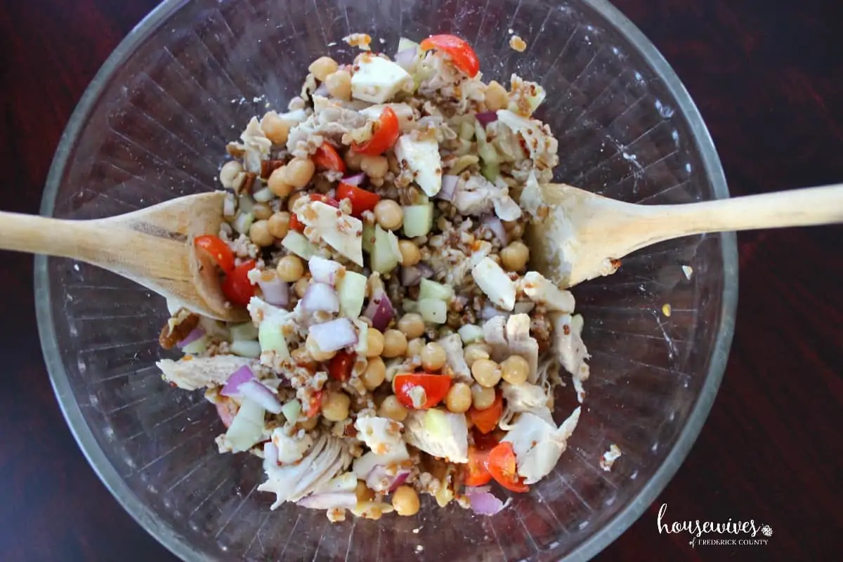 Chickpea, turkey, mozzarella cheese, veggies, & nuts salad