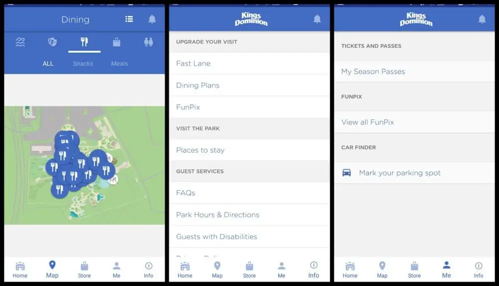 A screenshot showing the dining choices from the Kings Dominion app. 