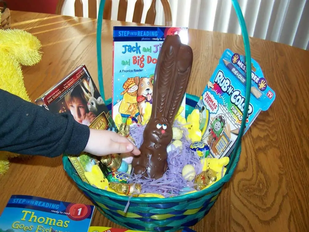 Basket with big chocolate bunny