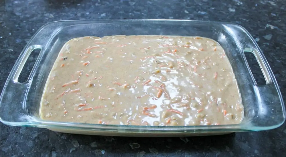 Pour batter into baking dish