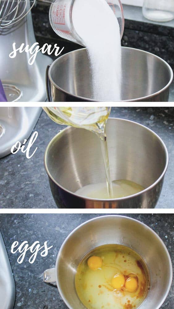 Add sugar, oil, eggs to mixer bowl