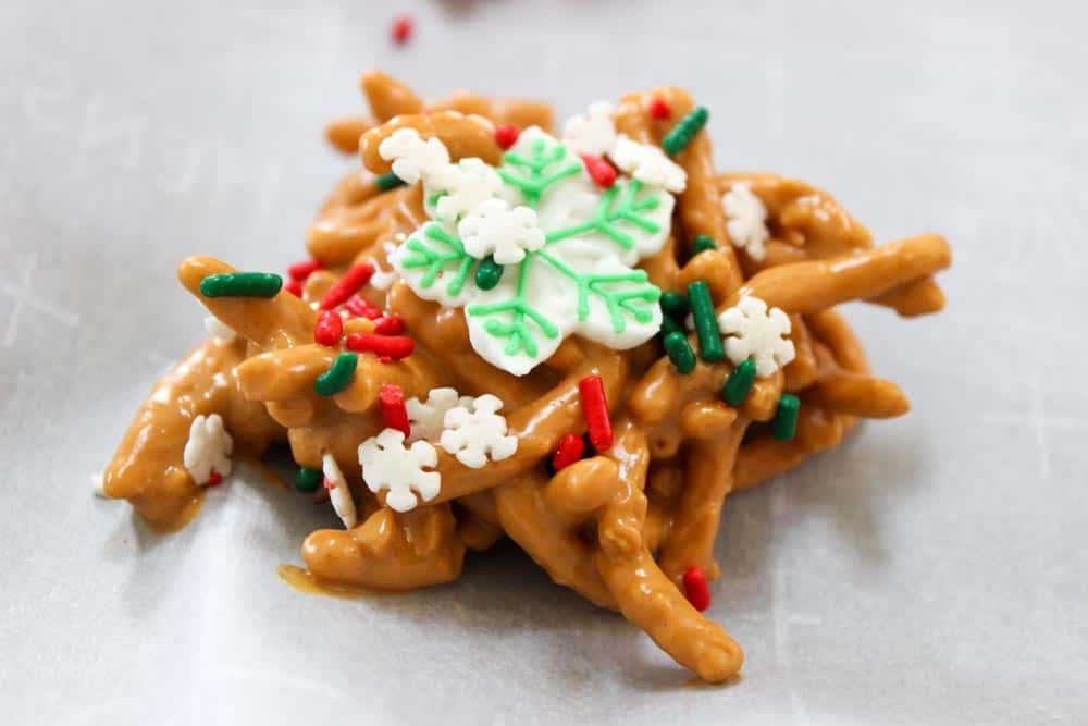 Snowflake decoration on top of No Bake Chow Mein Noodle Cookies