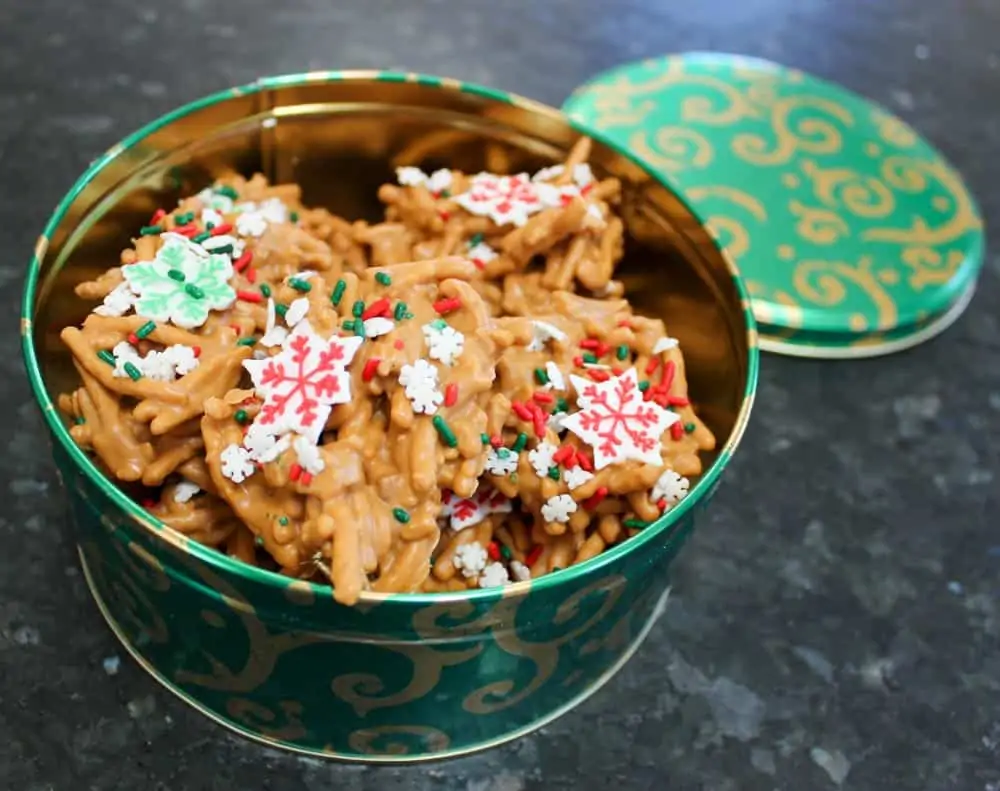 Open tin of No Bake Chow Mein Noodle Cookies