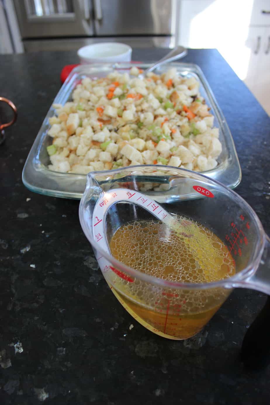 Add broth to stuffing mix until sticky