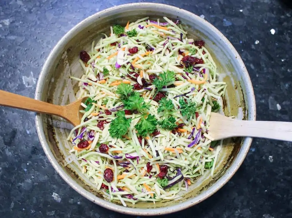 Easy Broccoli Slaw Salad with Craisins, Candied Nuts, & Vidalia Dressing