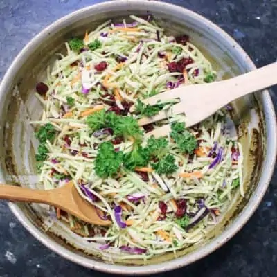 Easy Broccoli Slaw Salad with Craisins, Candied Nuts, & Vidalia Dressing