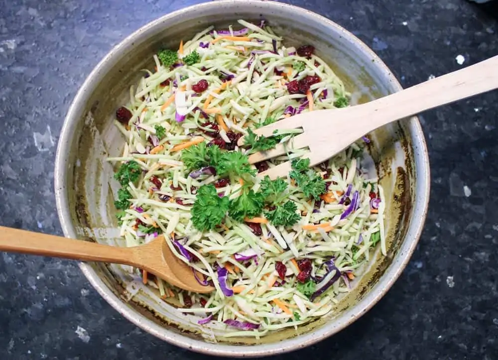 Easy Broccoli Slaw Salad with Craisins, Candied Nuts, & Vidalia Dressing