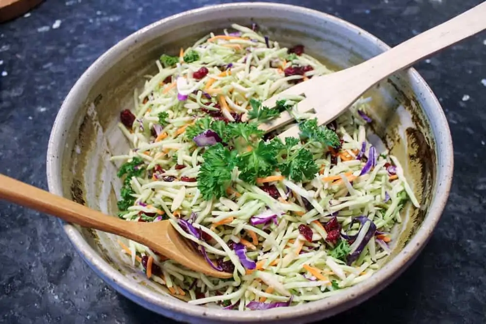 Easy Broccoli Slaw Salad with Craisins, Candied Nuts, & Vidalia Dressing