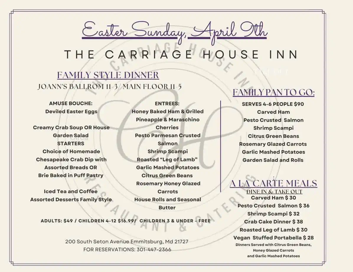 Carriage House Inn Easter Dinner in Frederick Md