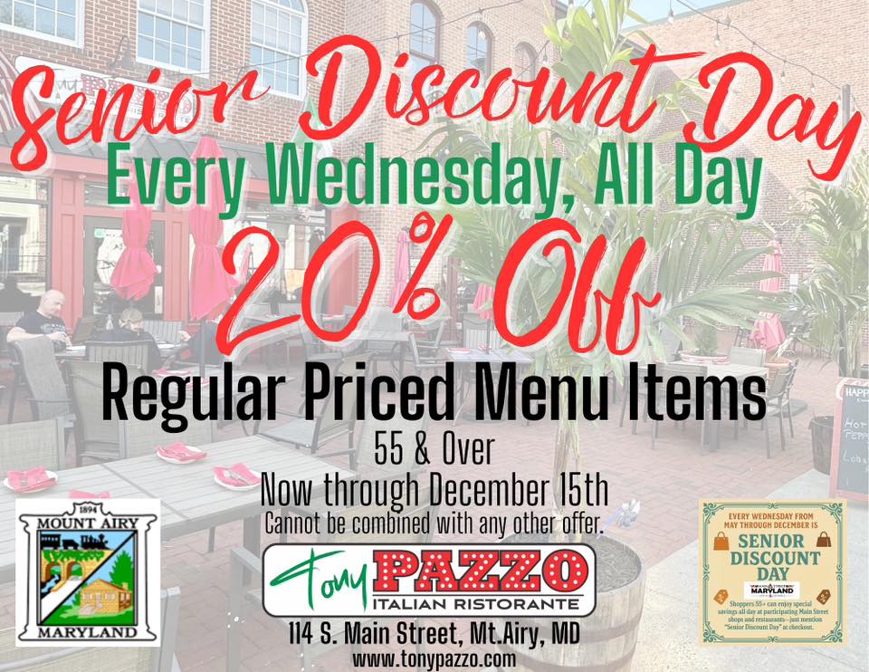 Tony Pazzo Italian Ristorante Senior Citizen discount - Frederick County Maryland