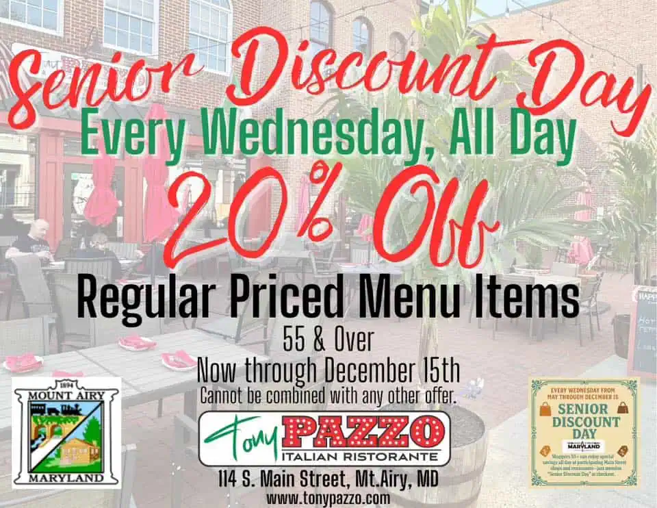 Tony Pazzo Italian Ristorante Senior Citizen discount - Frederick County Maryland