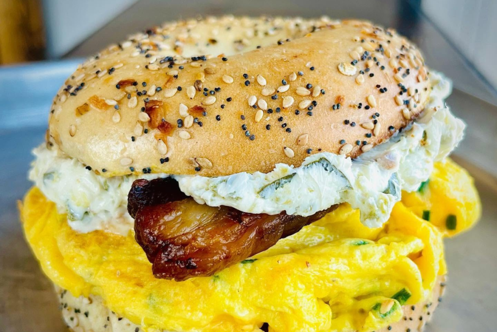 Breakfast bagel sandwich at Pumpernickel + Rye in Frederick, MD