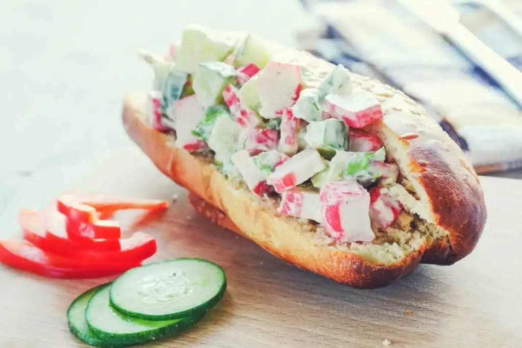 Imitation crab salad submarine sandwich