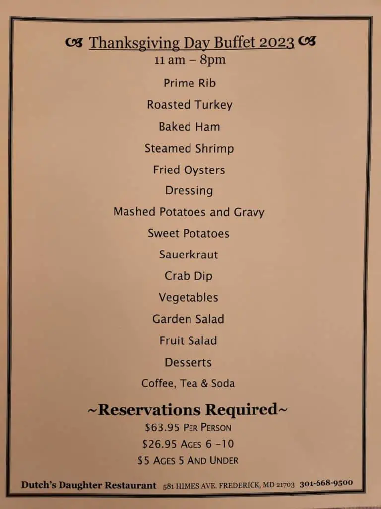 Dutch's Daughter menu 