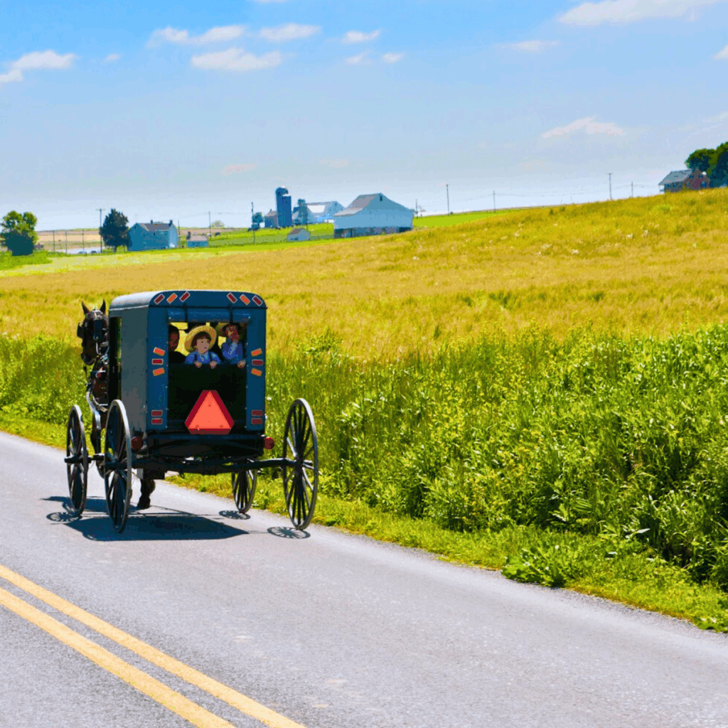 Amish family in horse and buggy in Lancaster, PA