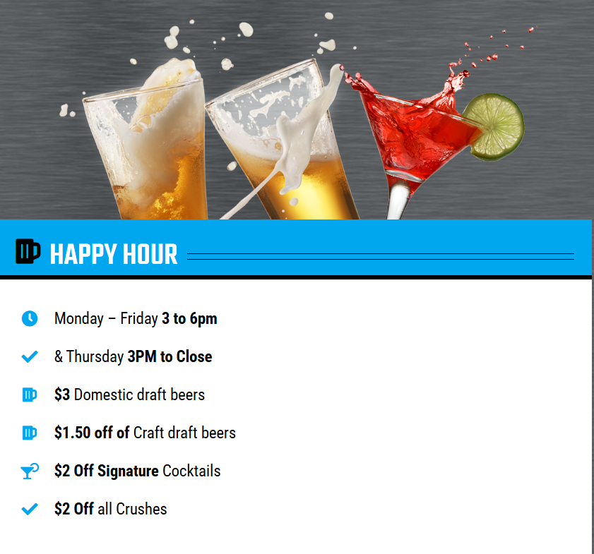 Fourth Dimension Fun Center Happy Hour Specials - draft beers, cocktails, crushes
