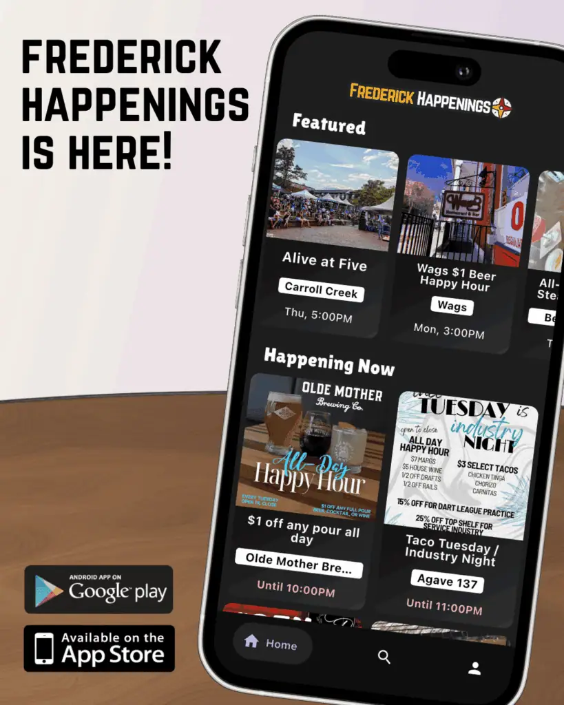 Frederick Happenings app calendar interface