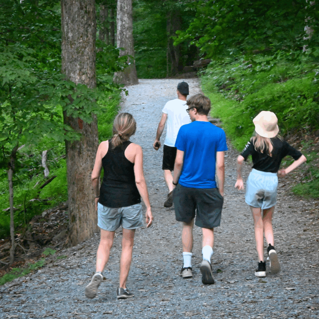 Family of 4 hiking the trails at Cunningham Falls State Park