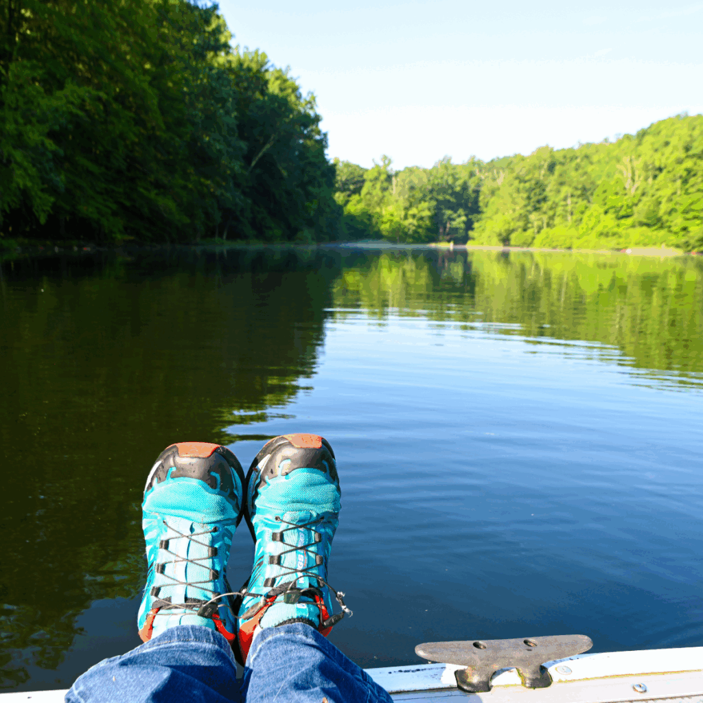 Cunningham Falls State Park Hunting Creek Lake Hanging feet over the dock overlooking the lake