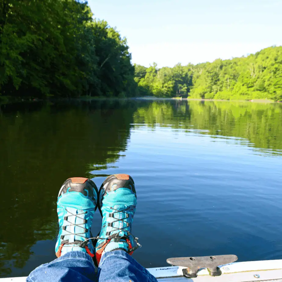 Cunningham Falls State Park Hunting Creek Lake Hanging feet over the dock overlooking the lake