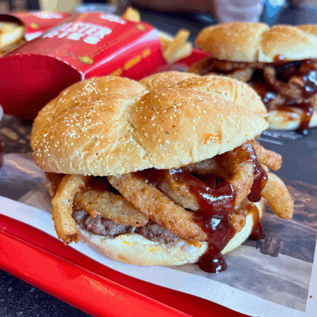 Roy Rogers Frederick MD fall menu – Tumbleweed Burger with onion straws and BBQ sauce