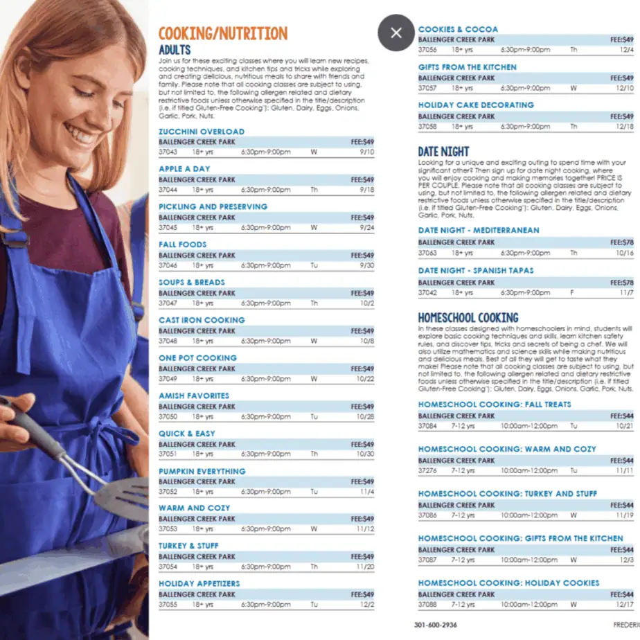 Frederick County Parks & Rec Cooking Classes schedule