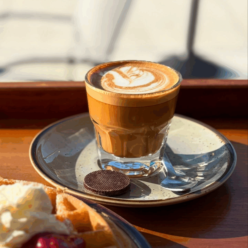 Espresso latte on a plate with a cookie and a side of waffle at Gravel & Grind in Downtown Frederick, MD