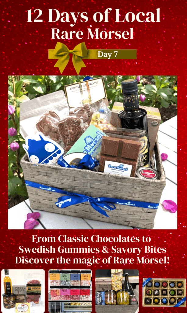 Local holiday shopping in Frederick, Maryland featuring Rare Morsel classic chocolates, swedish gummies, savory bites and gift baskets