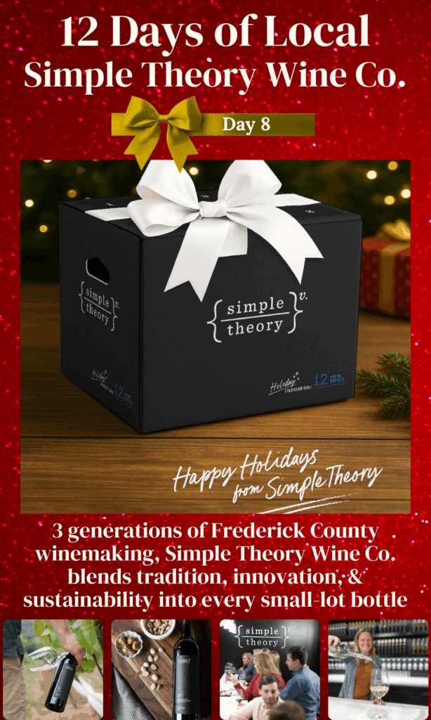 Local holiday shopping in Frederick, Maryland featuring Simple Theory Wine Co's Downtown Frederick wine lounge, local wine delivery, wine advent calendar, holiday gift kits