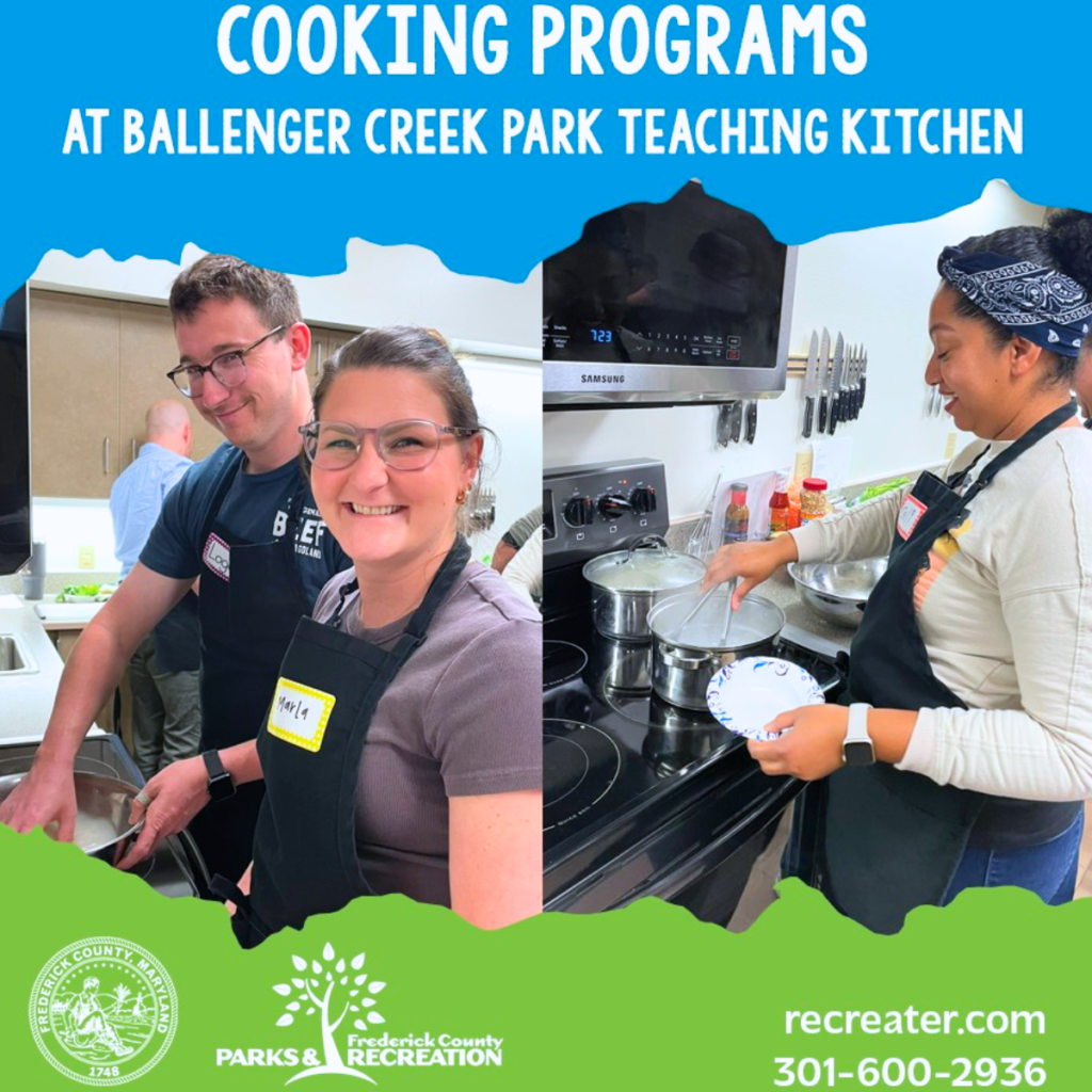 Graphic advertising the Frederick County Parks & Rec Cooking Programs with photos of people cooking