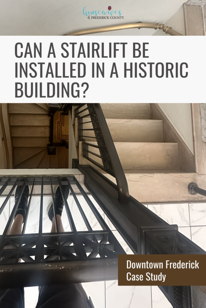 Historic Downtown Frederick venue staircase with custom stairlift installation