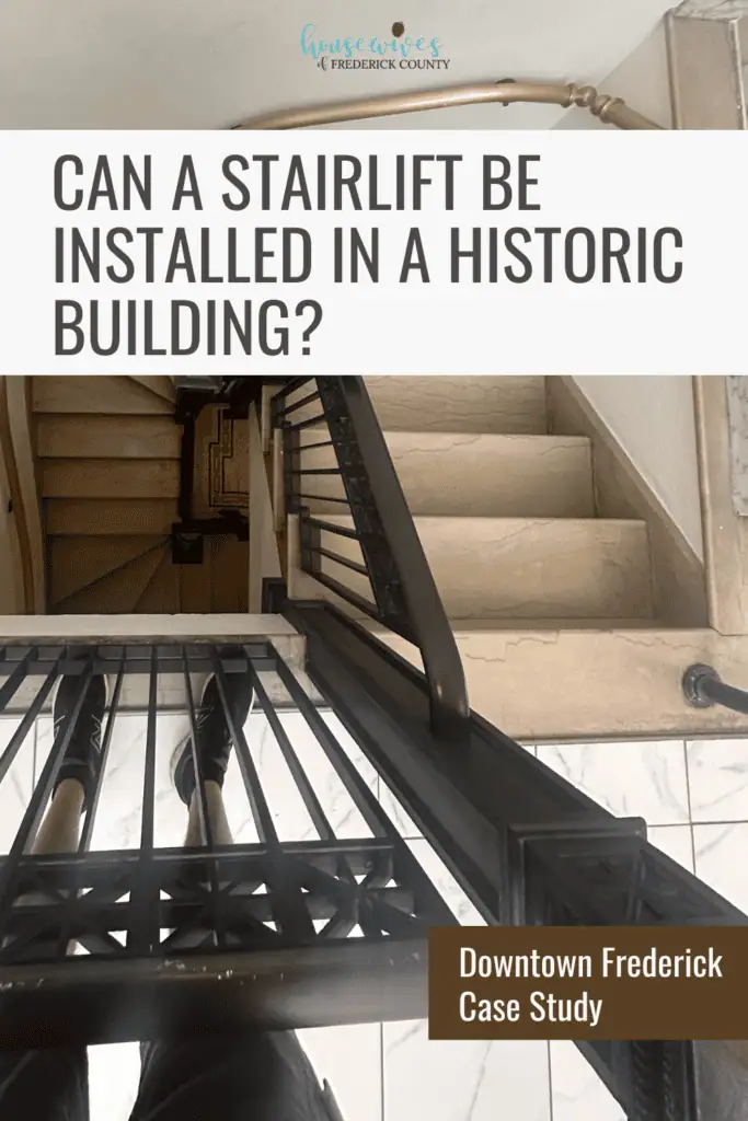 Historic Downtown Frederick venue staircase with custom stairlift installation