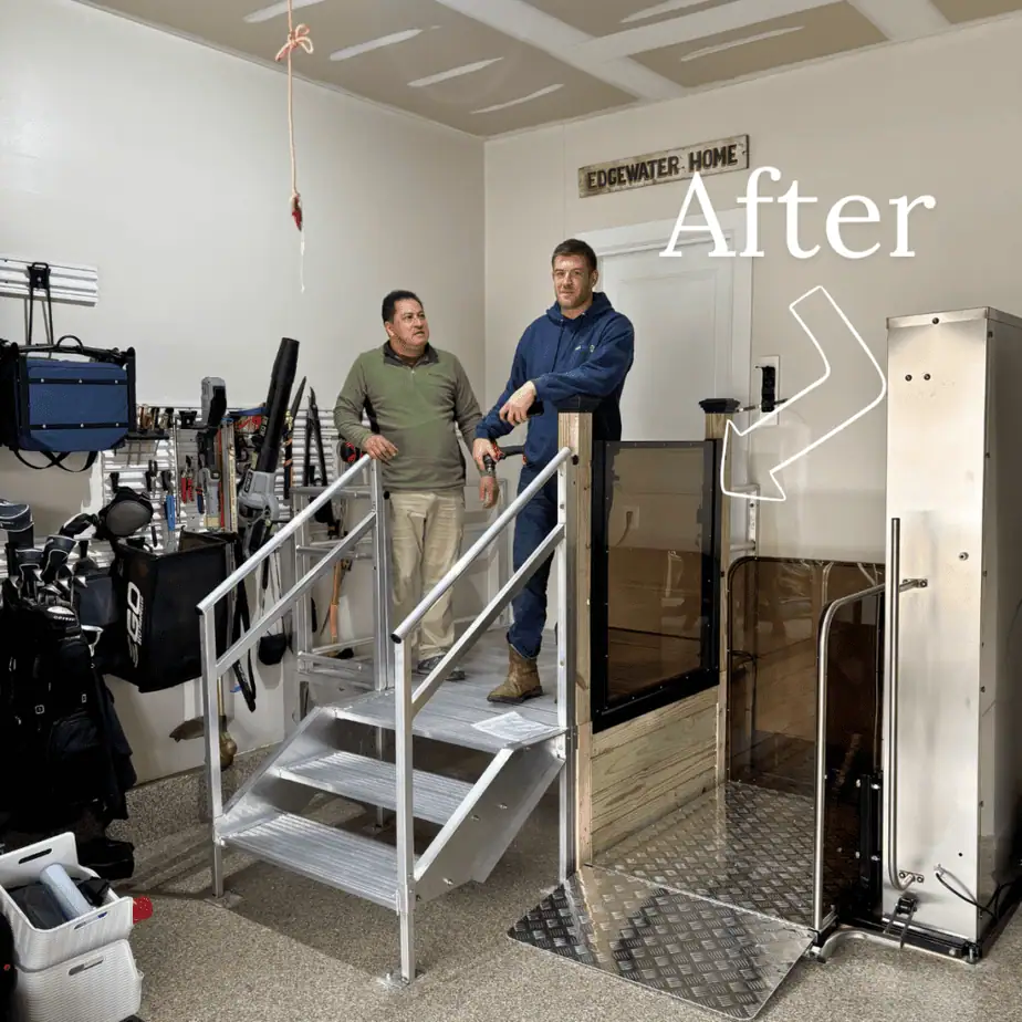 ADA-compliant aluminum steps and vertical platform lift installed by Next Day Access Central Maryland for a home accessibility upgrade in Urbana Maryland