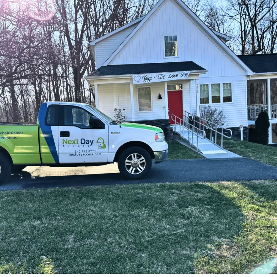 Wheelchair ramp installed at a Frederick County home by Next Day Access Central Maryland to improve safe entry and accessibility