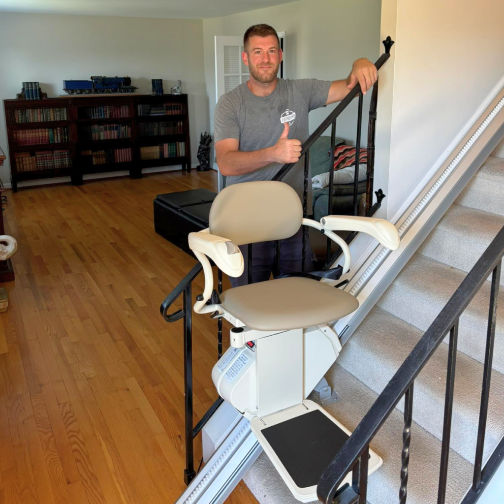 Stair lift installation inside a Frederick County home providing safe stair access for homeowners aging in place