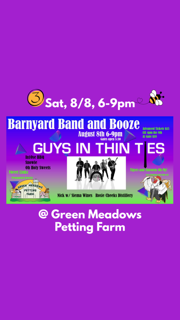 Promotional graphic for Barnyard Band & Booze at Green Meadows Petting Farm in Ijamsville, Maryland on August 8, 2026.