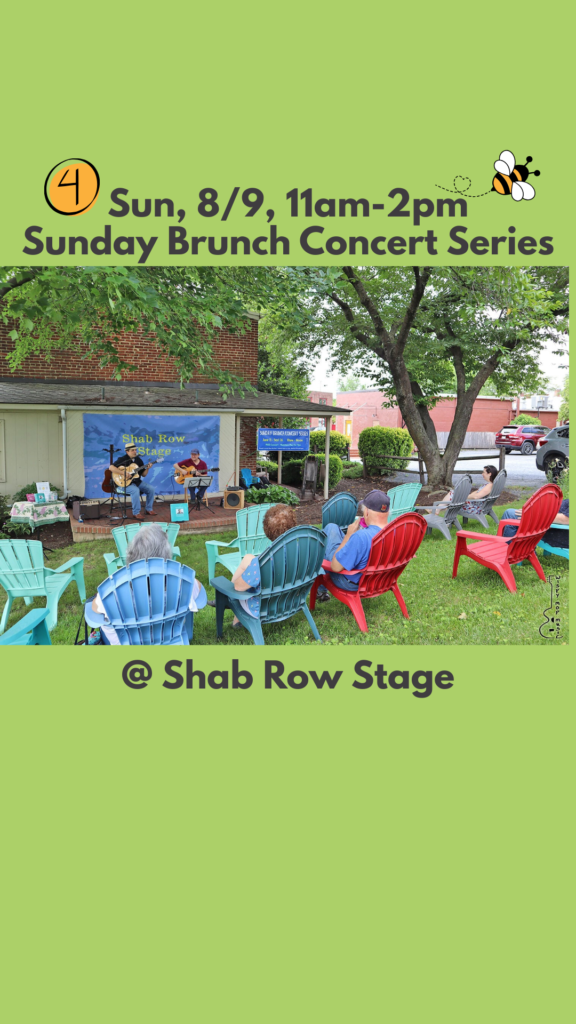 Promotional graphic for the Sunday Brunch Concert Series at Shab Row Stage in Downtown Frederick, Maryland on August 9, 2026.
