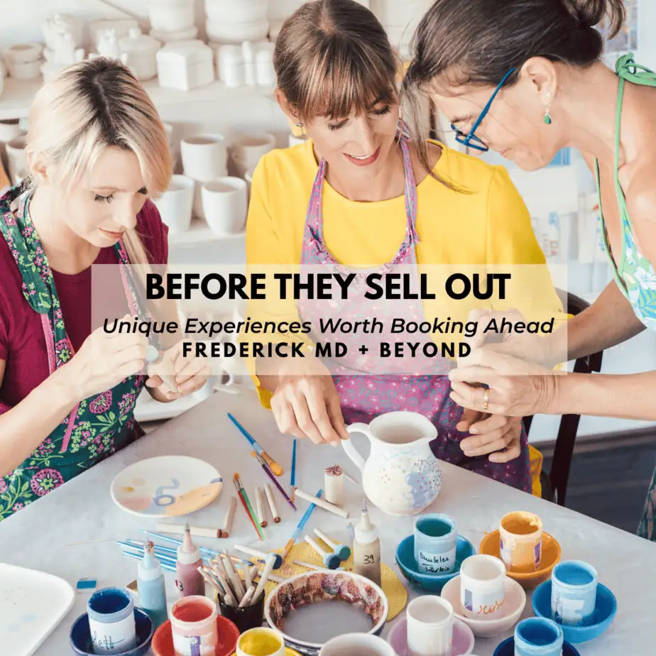 Women enjoying a pottery workshop representing unique experiences in Frederick MD and beyond