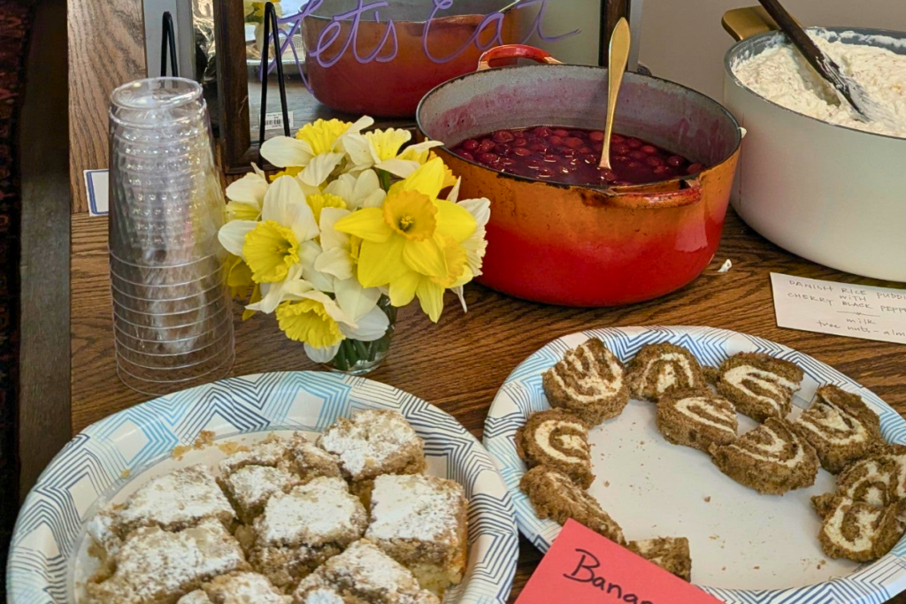 Cookbook Club gathering at Potomac River Interiors near Frederick, Maryland featuring food, cookbooks, and a shared meal.