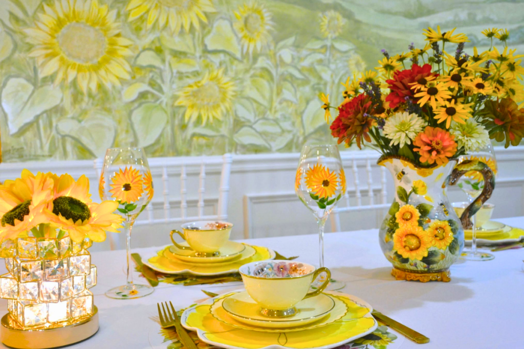 Elegant afternoon tea with sunflowers, Black-Eyed Susans, and garden views at Blue Dreams USA near Frederick, Maryland.