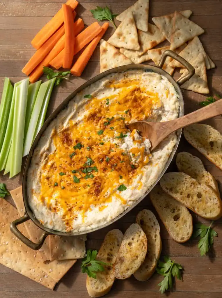 Baked Maryland hot crab dip in a serving dish with a wooden spoon, crackers, bread and fresh vegetables